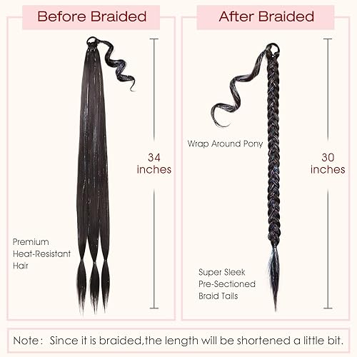 Miniatura 2 de WIGNEE Extensión de cola de caballo trenzada negra de 34 pulgadas con oropel, extensión de cola de caballo larga trenzada para mujeres negras,