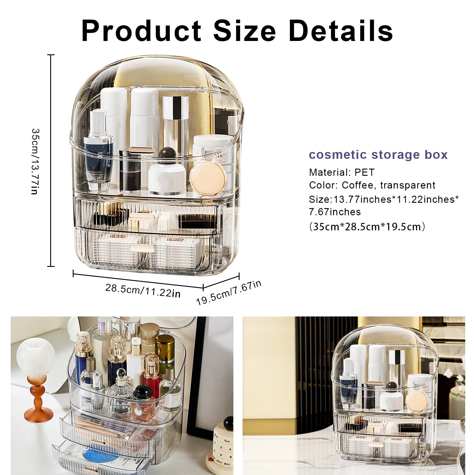DASITON Großer Make up Kosmetik Organizer mit 2 Schubladen,Staubdichte Kosmetik Aufbewahrung mit Deckel,Cosmetic Skincare organizer für Schminktisch,Badezimmer,Schlafzimmer(Transparent)