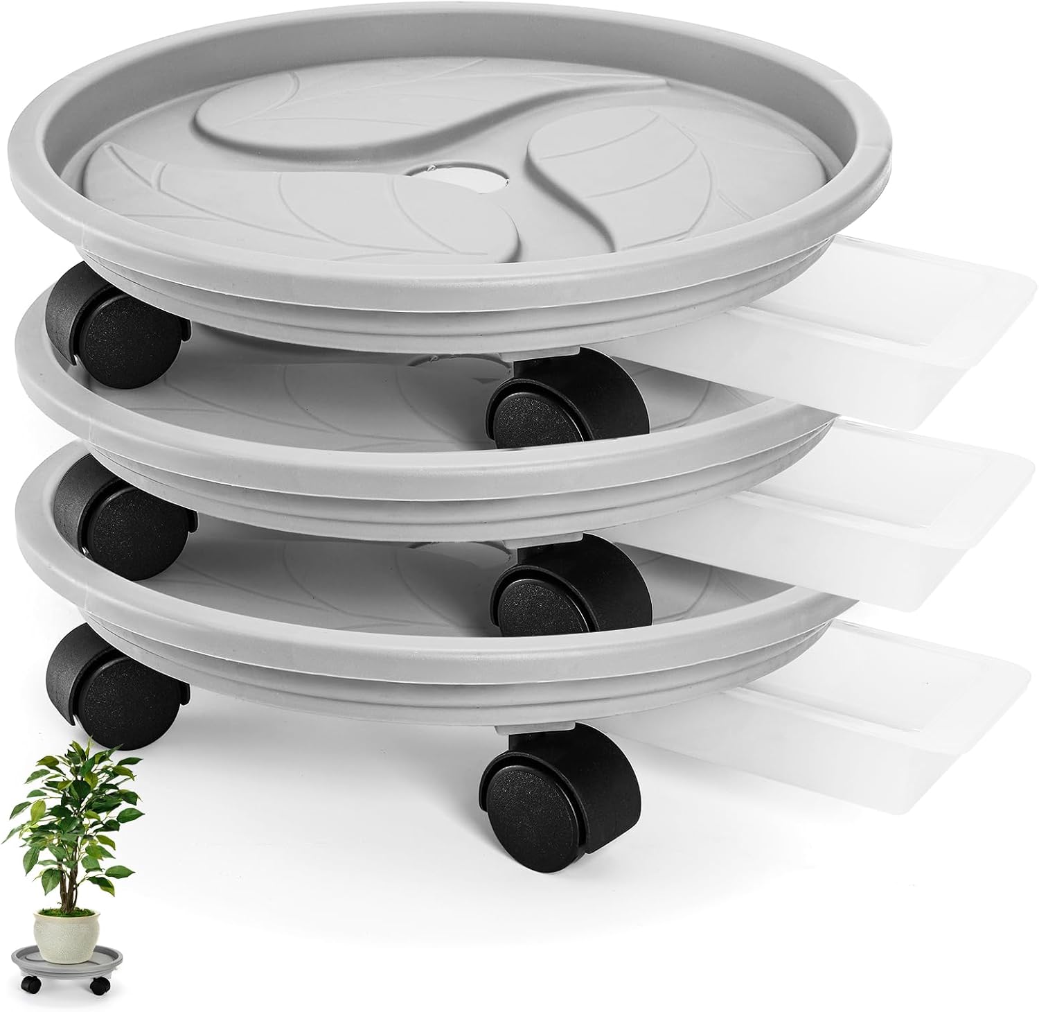 3 Pack Plant Caddy with Wheels, 12 Inch Heavy Duty Planter Pallet with Drainage Tray, Round Planter Pot Stand Dolly Casters Rolling Mover for Indoor Outdoor, Garden, Balcony