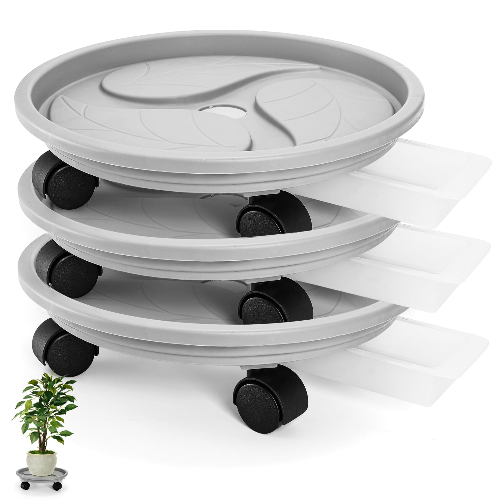 Nagpew 3 Pack Plant Caddy with Wheels, 12 Inch Heavy Duty Planter Pallet with Drainage Tray, Round Planter Pot Stand Dolly Casters Rolling Mover for Indoor Outdoor, Garden, Balcony