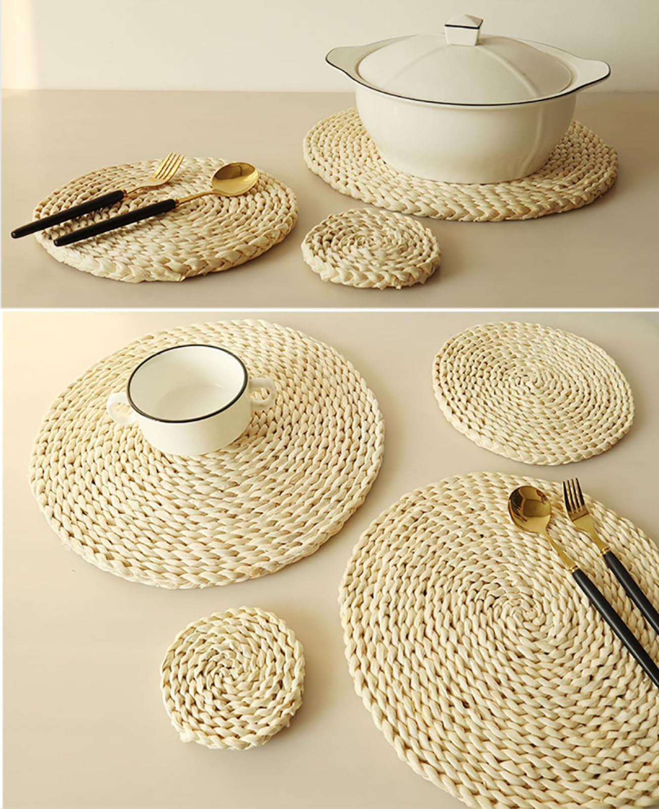 Platzset aus gewebten Maisstrohhalmen im Landhausstil | Tischdekoration im rustikalen Stil | Runde Platzsets für den täglichen Gebrauch und Feste, 4 Stück, 30 cm (6 Stück 35 cm (13,7 Zoll))