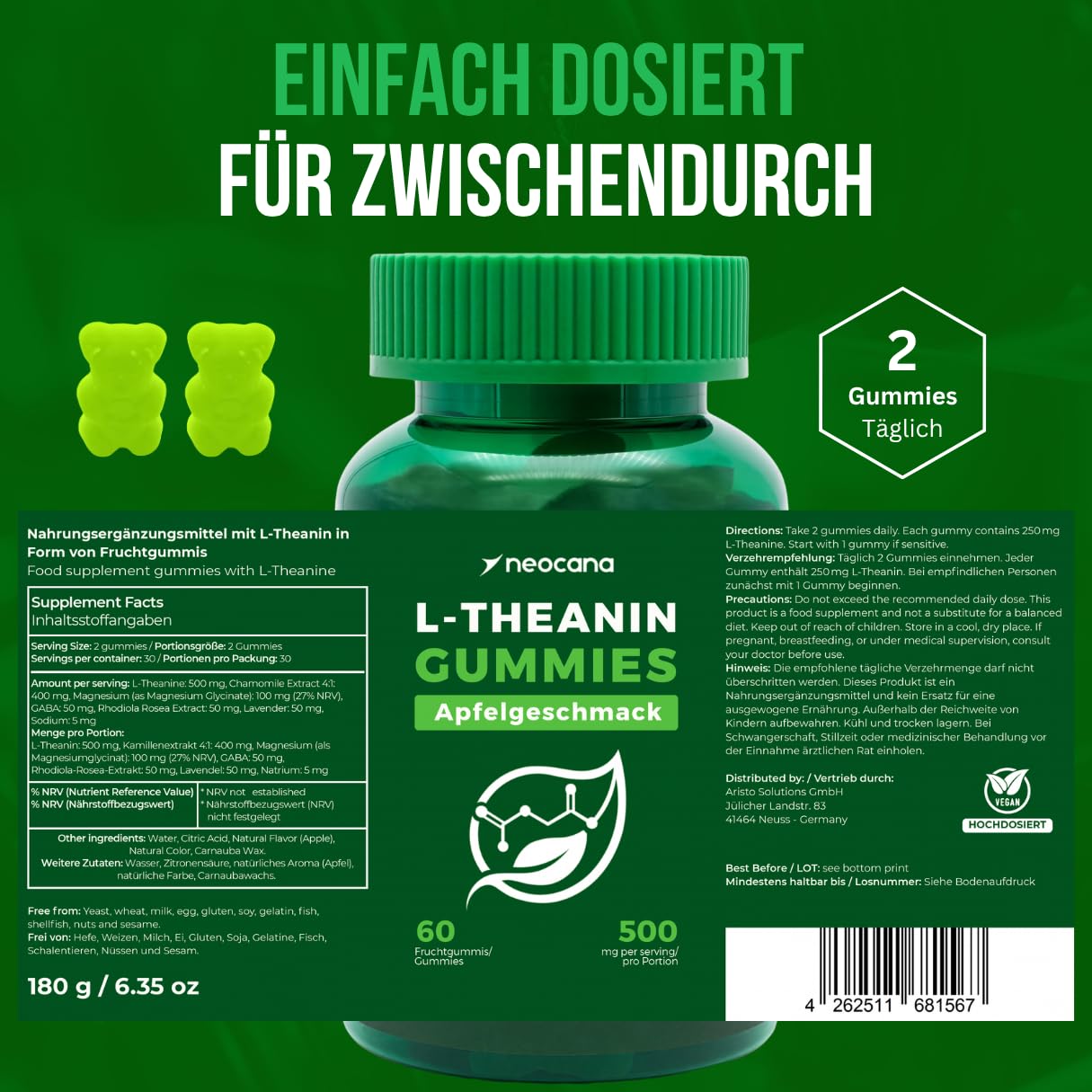 3er Pack L-Theanin Gummies 500 mg pro Portion – Apfelgeschmack - Hochdosierte vegane L-Theanine Fruchtgummis mit Kamillenextrakt, Magnesium, Rhodiola & Lavendel - Nahrungsergänzungsmittel - 60 Stück