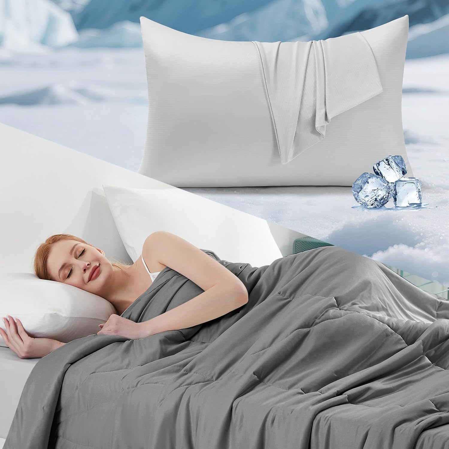 Elegear Silver Ion Cooling Pillowcase Gray 20" x 26" and Cooling Comforter Queen Size Gray Bundle