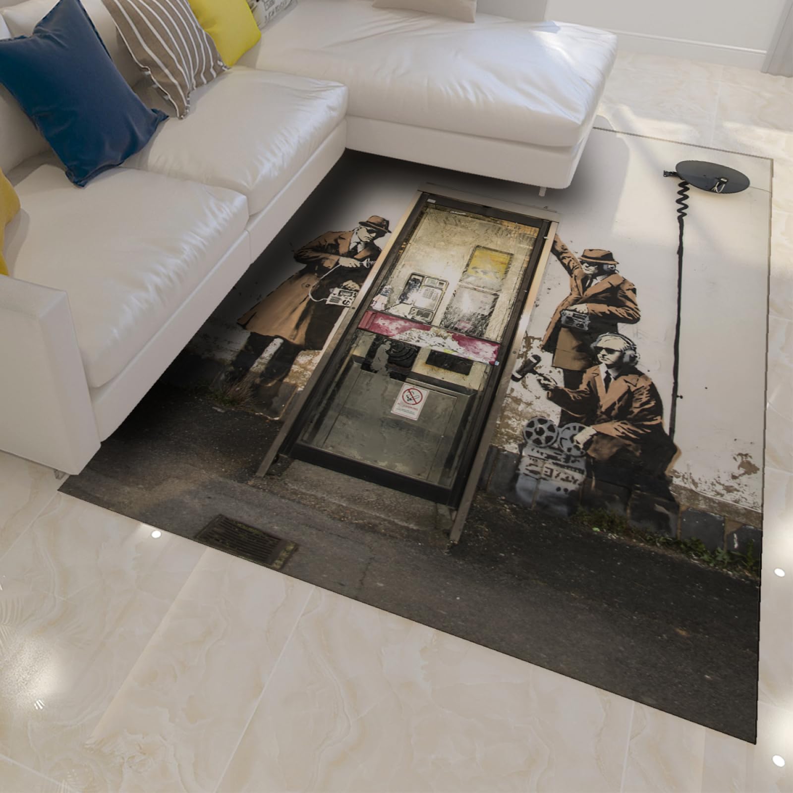 Tapis Banksy Graffiti Cabines Vintage 180x240cm - Grand Tapis de Sol Lavable pour Salon
