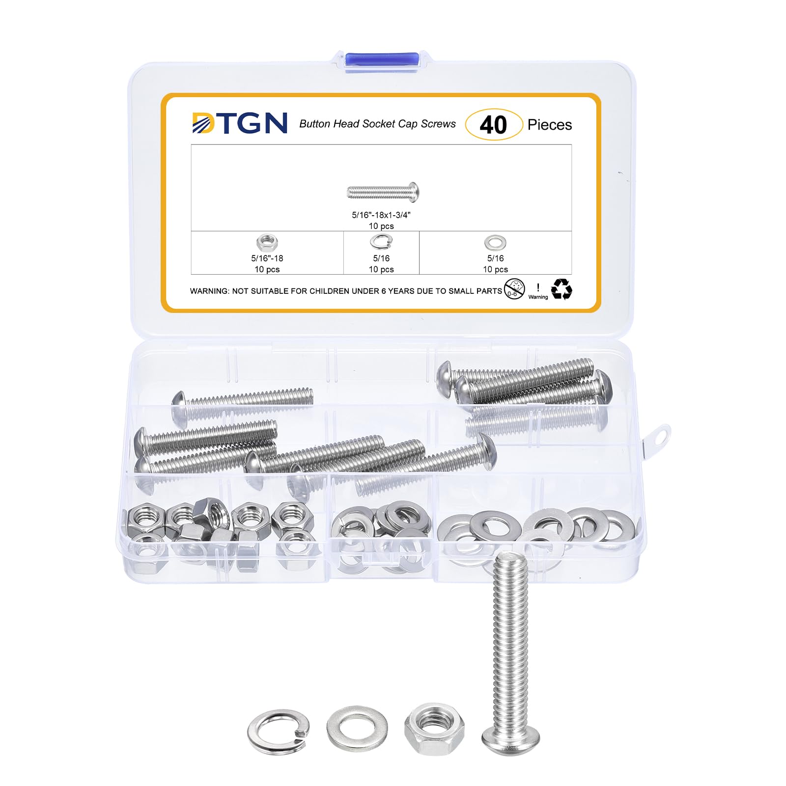 DTGN 40Pcs 5/16-18x1-3/4" Button Head Socket Cap Screws, 304 Stainless Steel Bolt Nut Set Washer Assortment Kit