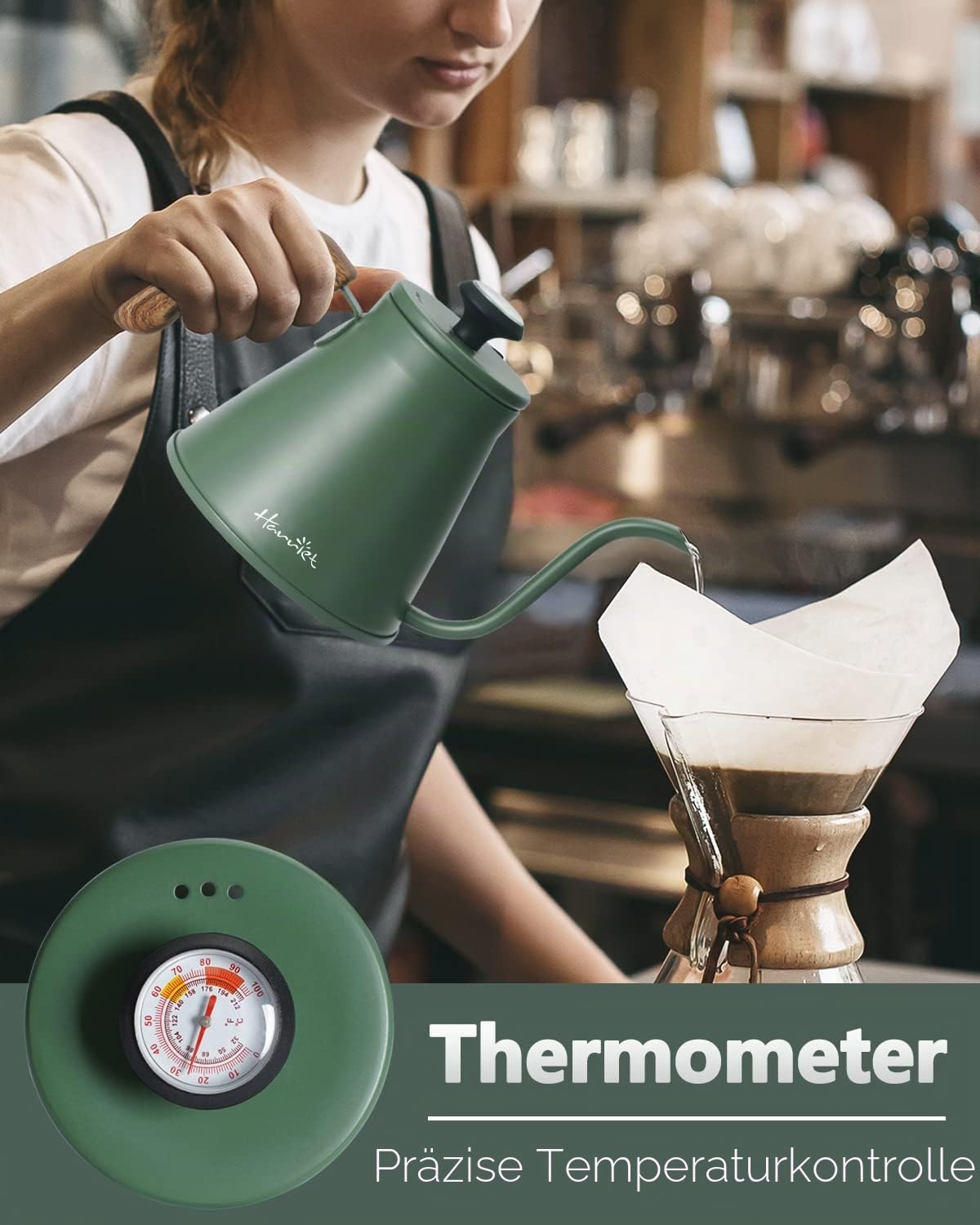 Harriet Schwanenhals-Wasserkocher, 1048.9 g Pour Over Wasserkocher für Herd, Kaffeekessel mit Thermometer, Edelstahlkessel mit 3-lagigem Boden, Anti-Heiß-Griff, für Tropfkaffee und Tee, Grün