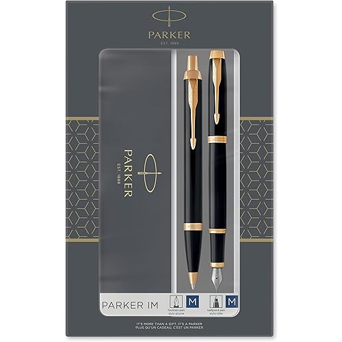 Parker IM Duo Gift Set with Ballpoint Pen & Fountain Pen, Gloss Black with Gold Trim, Blue Ink Refill & Cartridge, Gift Box