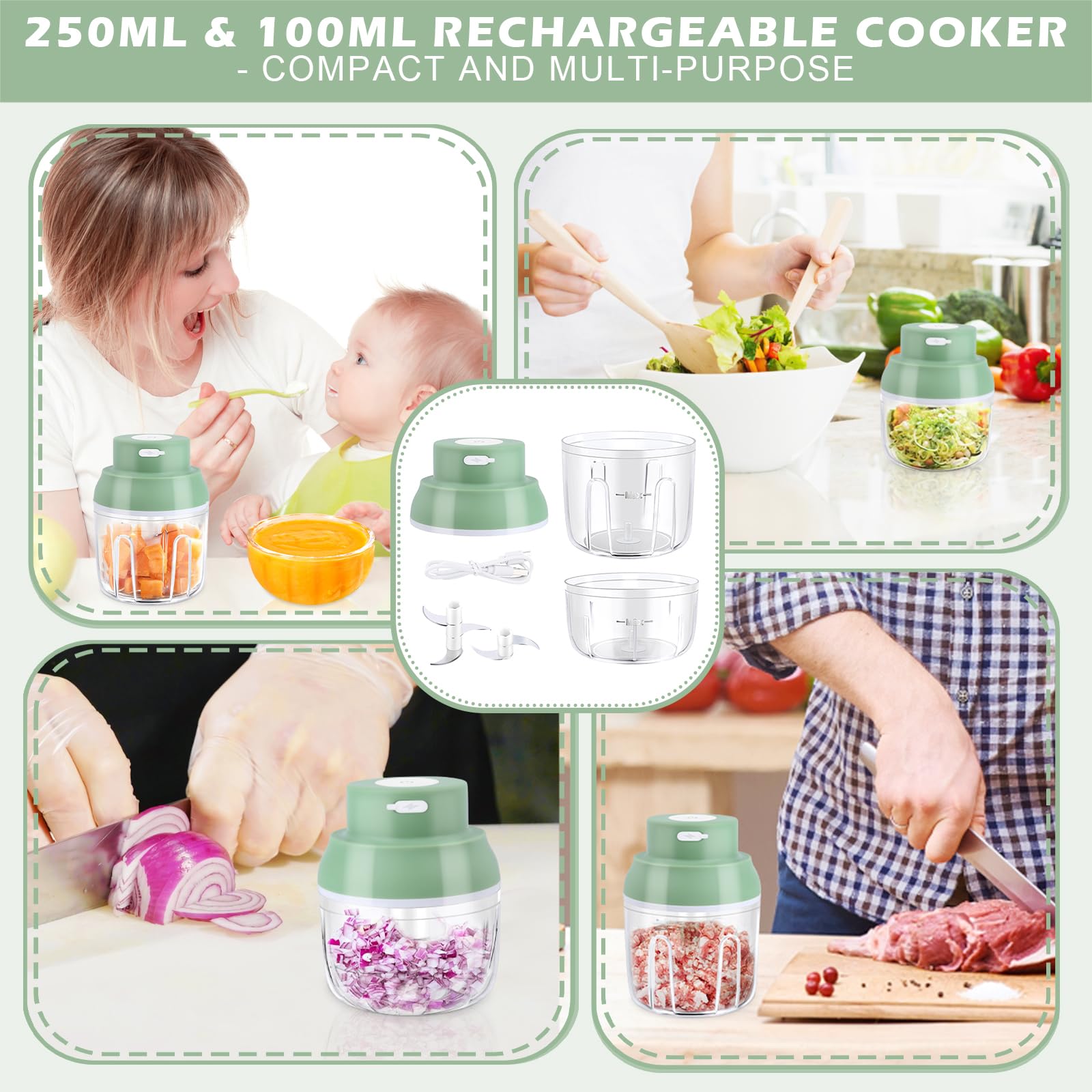 Tritatutto Elettrico Da Usb Ricaricabile Da 250 Ml Mini Robot Da Cucina Senza Fili Per Alimenti Cipolle Aglio Prezzemolo, Verdure E Frutta, Vaniglia