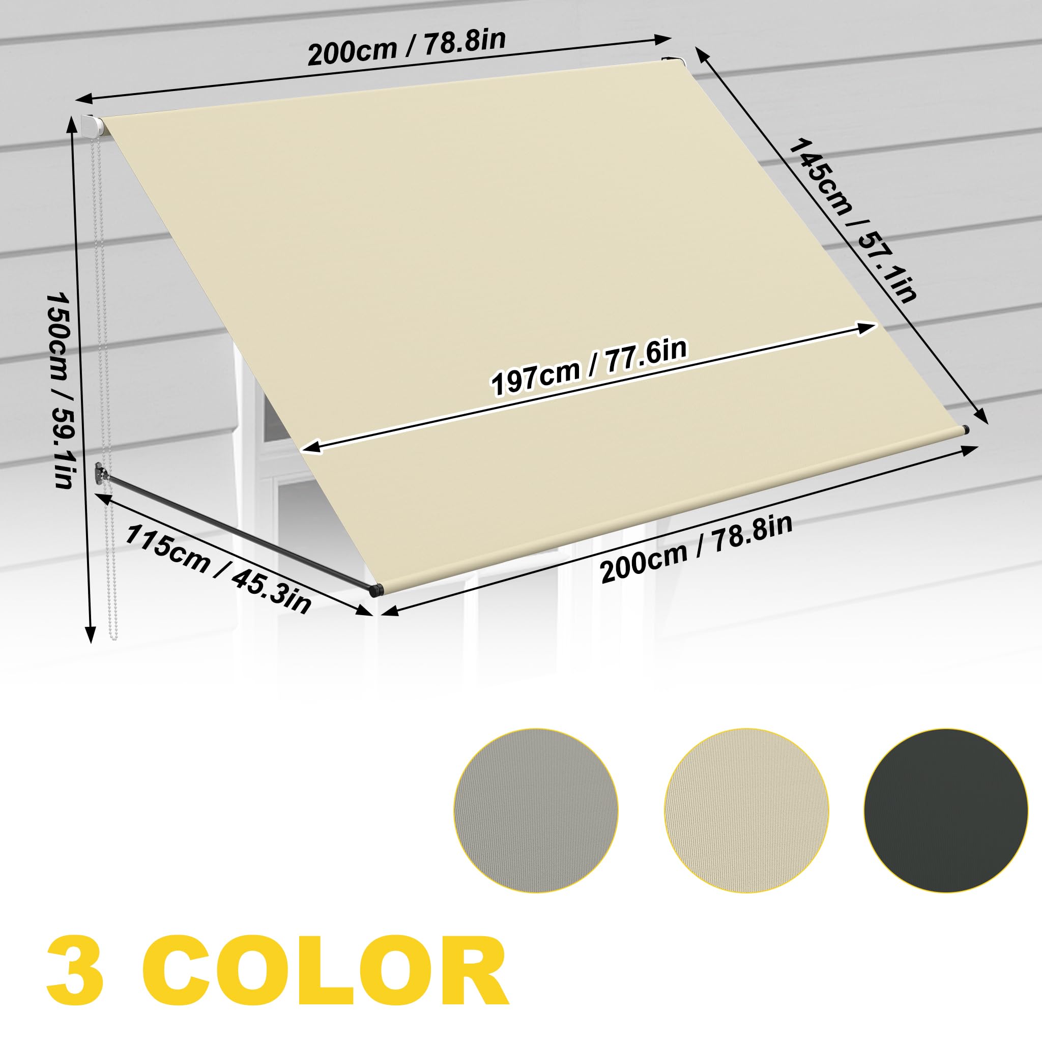Tenda da sole parasole 200x143cm, tessuto poliestere 180g/m², bracci cadenti, telaio alluminio per balcone
