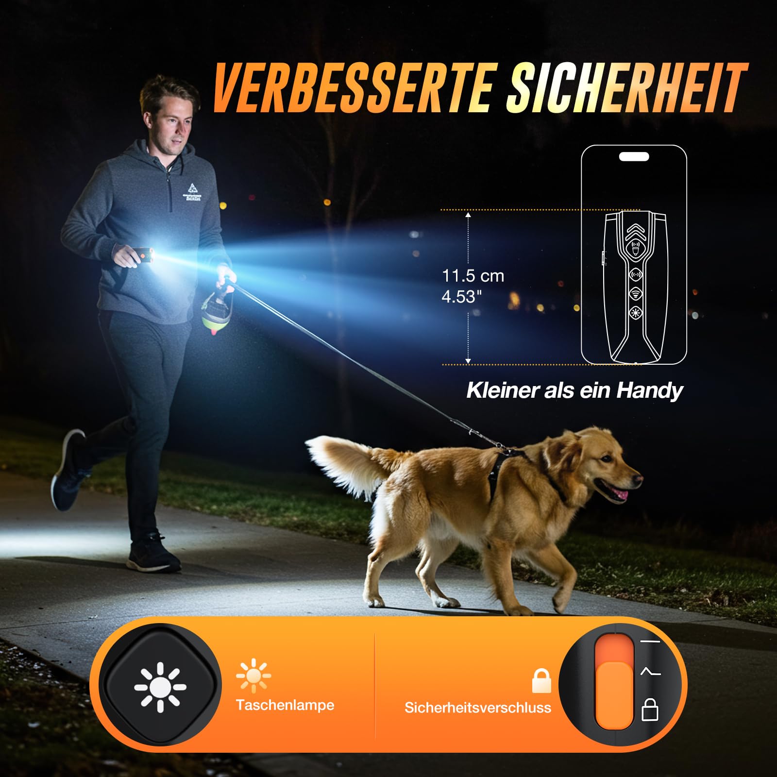 HZK Ultraschall-Hundegebell-Abwehrgerät, Wiederaufladbares Anti-Bell-Gerät mit 4 Modi (Akustisch/Ultraschall/Stroboskop+Ultraschall/LED-Taschenlampe),7 M Reichweite,Geeignet für das Hundetraining