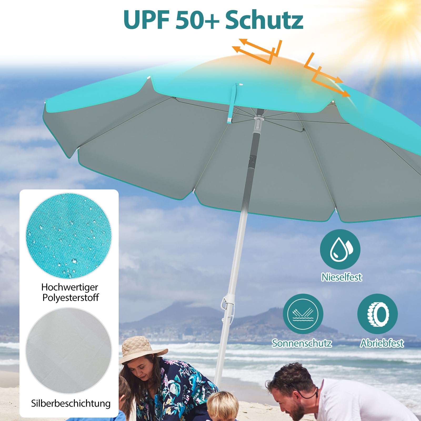 GOPLUS Parasol plażowy 180 cm / 200 cm / 220 cm, składany o 30°, parasol ogrodowy UV 50+, parasol stołowy z tuleją osadczą, parasol tarasowy, w zestawie pokrowiec ochronny, żeberka z włókna szklanego,