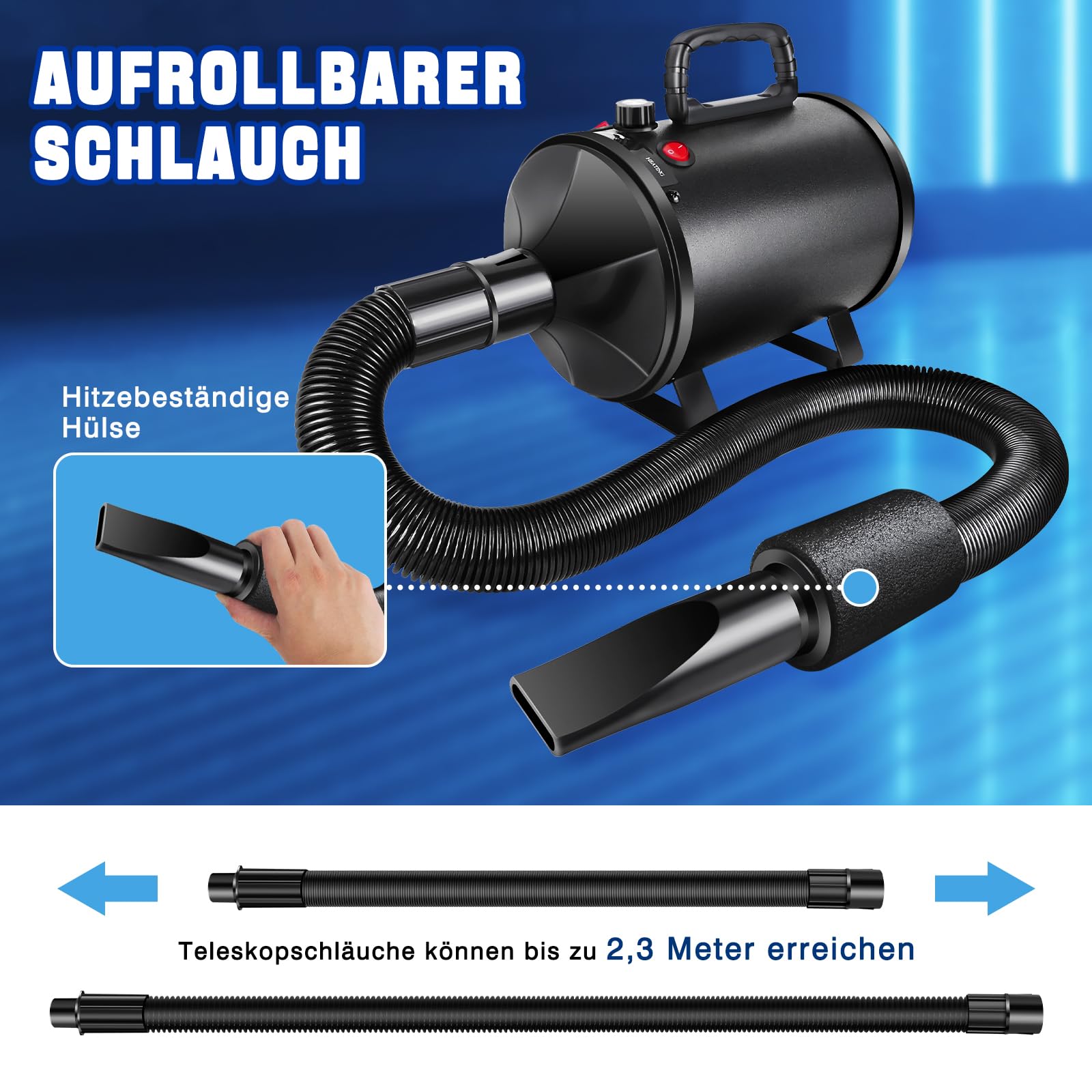 AUTOFU Secador profesional para perros, secador de pelo para mascotas, 3500 W, con velocidad y calor ajustables, 4 boquillas diferentes y manguera elástica