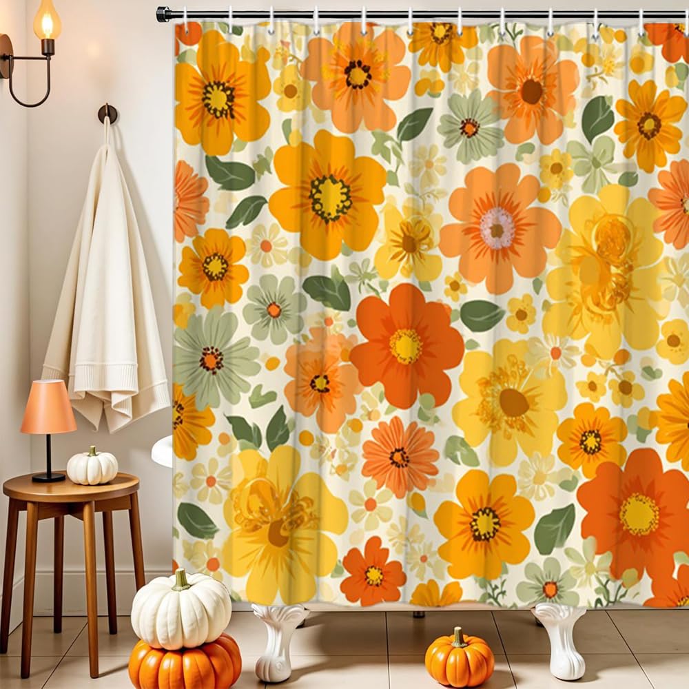 GLWDMB 1 Piece 180x180CM Orange Blossoms Printed Shower Curtain With Hook, Polyester, for Windows And Walls, Bathtub, Bathroom, Machine Washable, All Season Universal