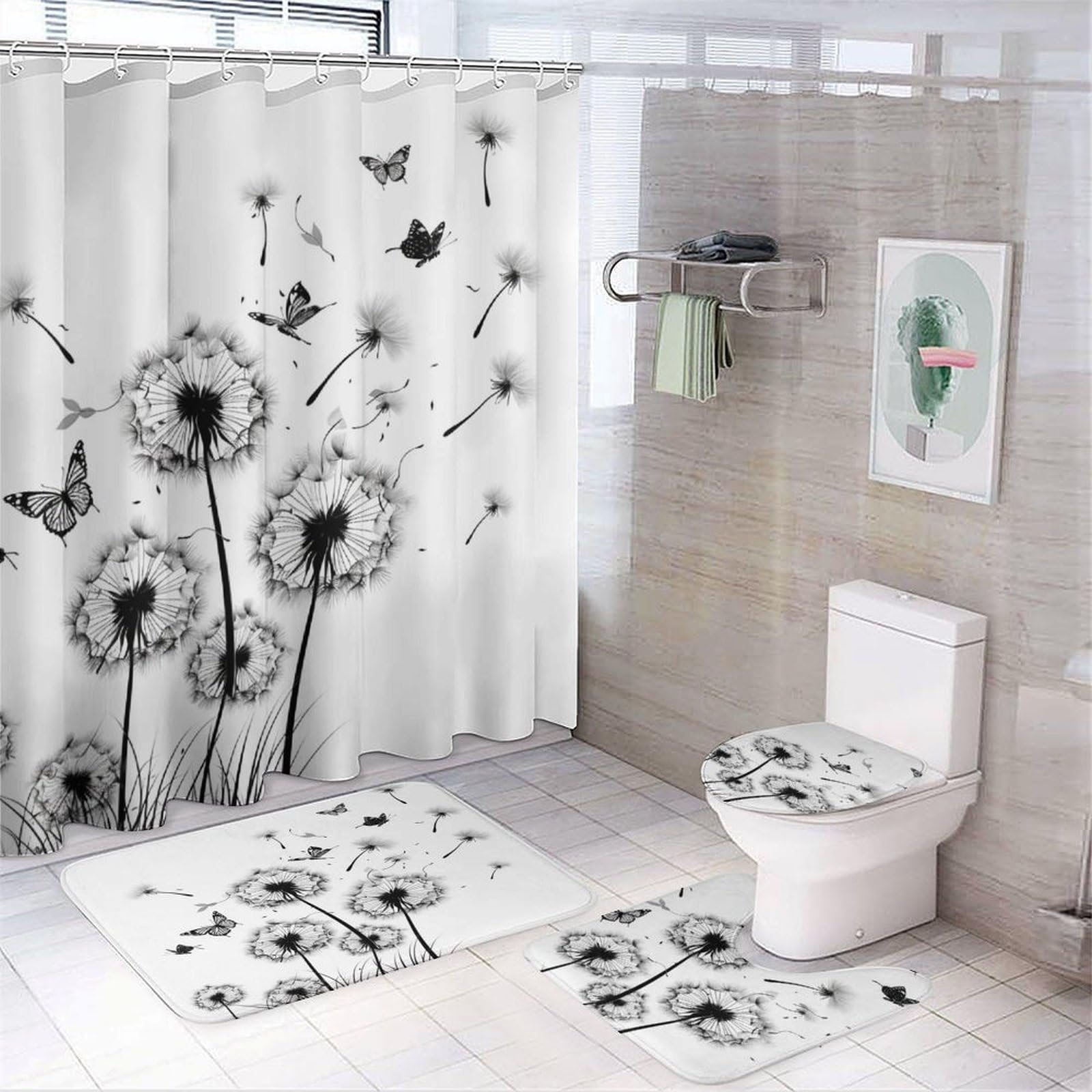 4 Piece Bathroom Rug Set with Shower Curtain Bathroom Shower Curtain Set with Rugs Dandelions with Butterflies Durable and Waterproof Ink Painting Black Dandelion Butterflies for Bathtub Decor