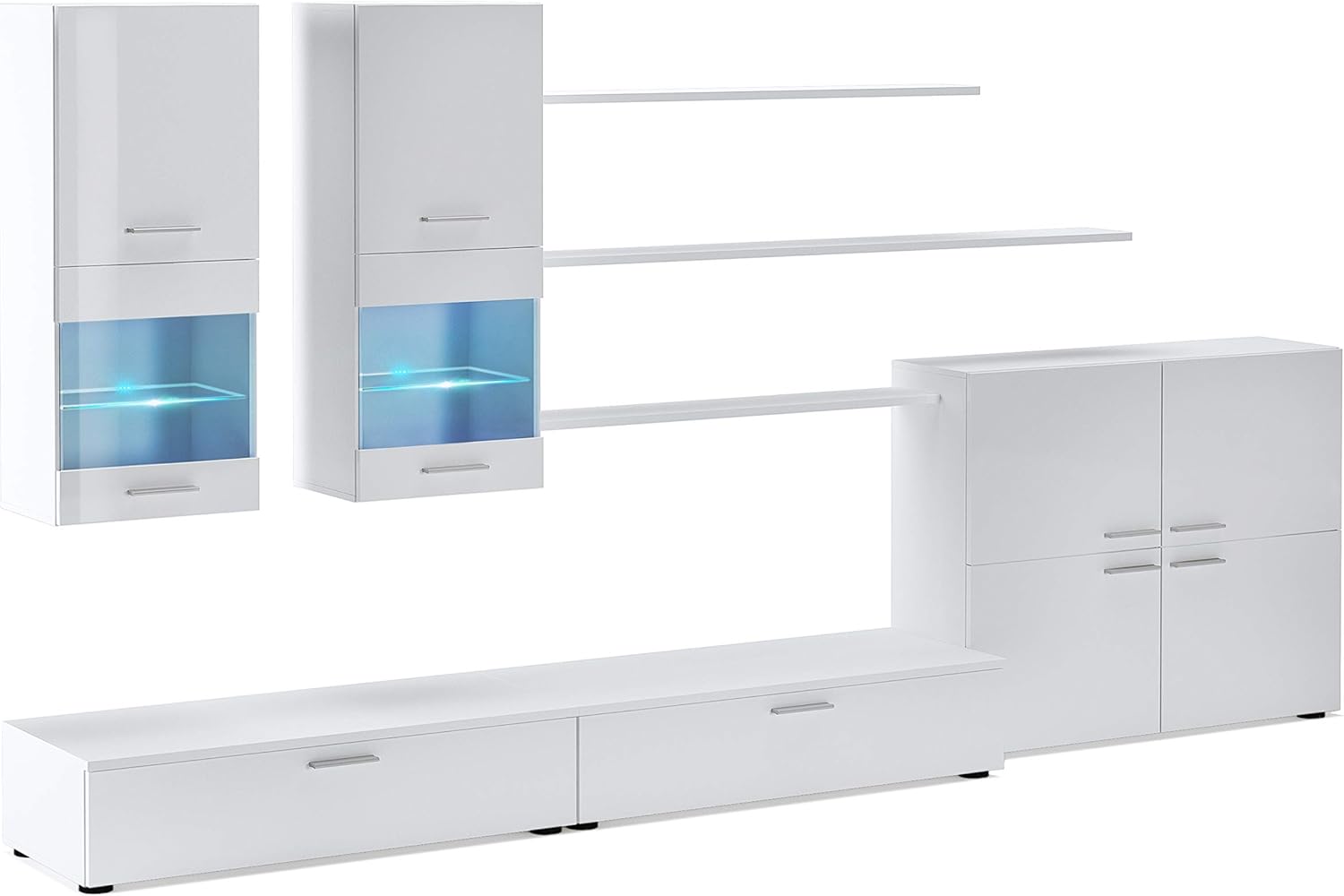Mueble Comedor Moderno, Salón con Luces Led, Acabado en Blanco Brillo Lacado y Blanco Mate, Medidas: 300 cm (Ancho) x 189 cm (Alto) x 42 cm (Fondo)