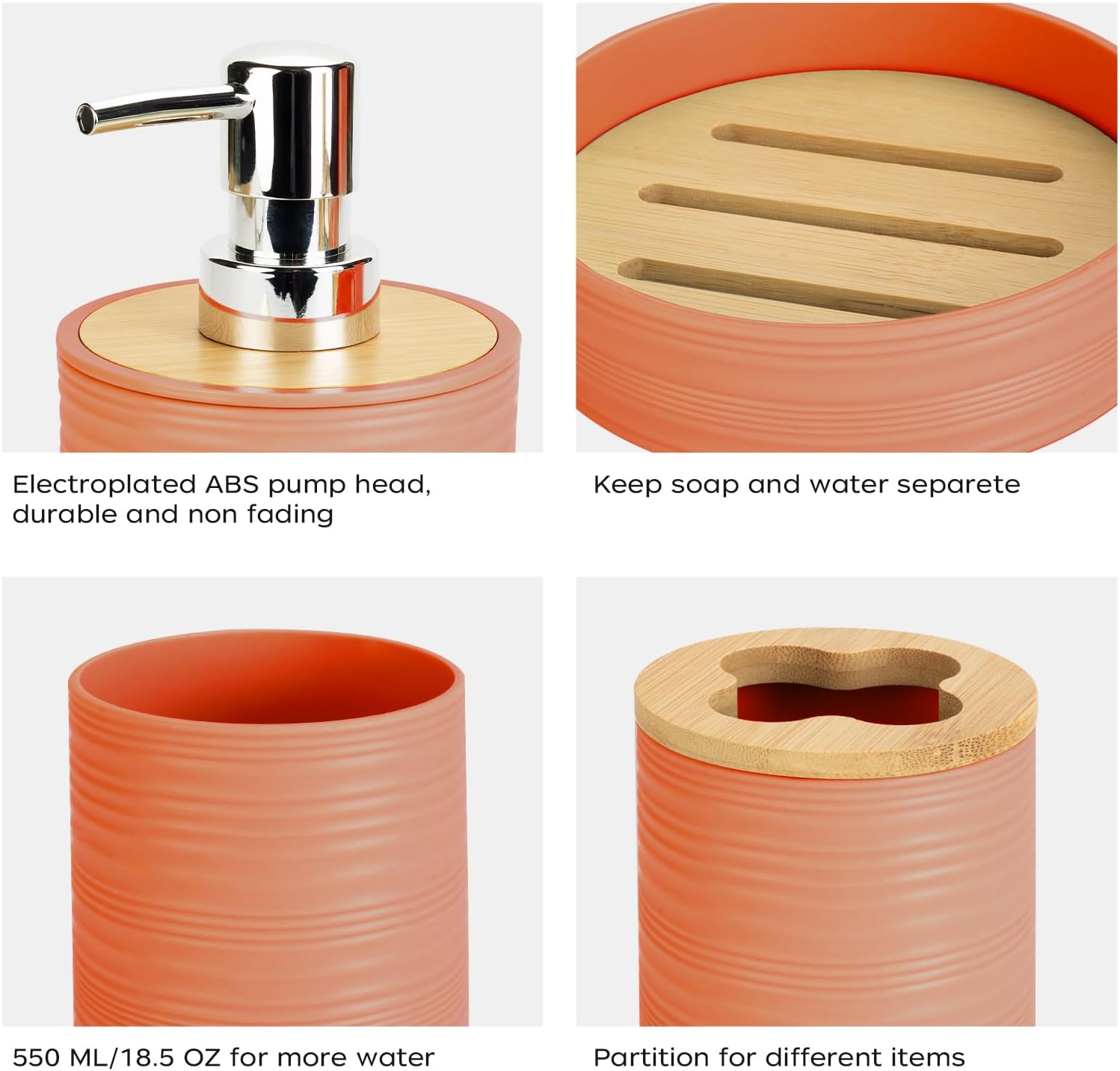 4PCS Orange Bathroom Set, Soap Dispenser, Dish & Bamboo Holder, Rustic