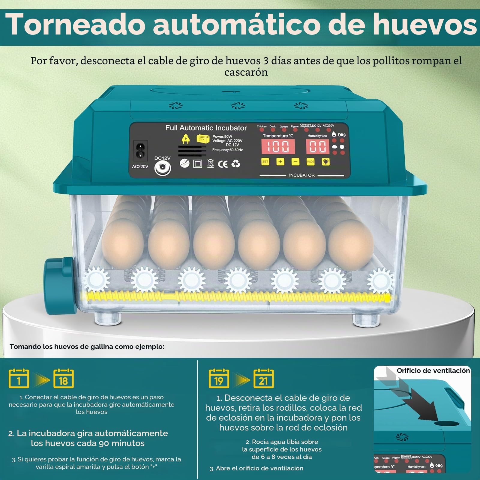 Incubadora Automática de Huevos 36 Huevos, Incubadora de Huevos con 5 Modos Preestablecidos, Volteado Automático de Huevos y Control de Humedad, Luz de Comprobación de Huevos, Incubadoras para Pollo
