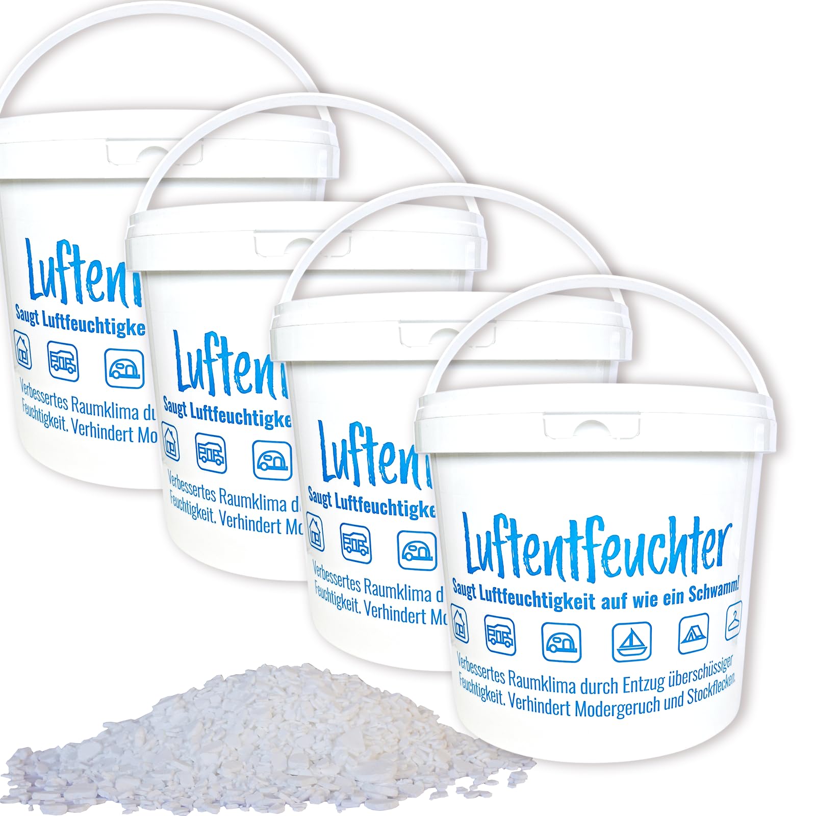 Bluecraft Luftentfeuchter Granulat 19,2 kg, 4 x 4,8 kg Raumentfeuchter Nachfüllpack im 5 L Eimer, Entfeuchter ohne Strom, Dehumidifier für Raum, Keller, Garage, Wohnwagen und Schrank