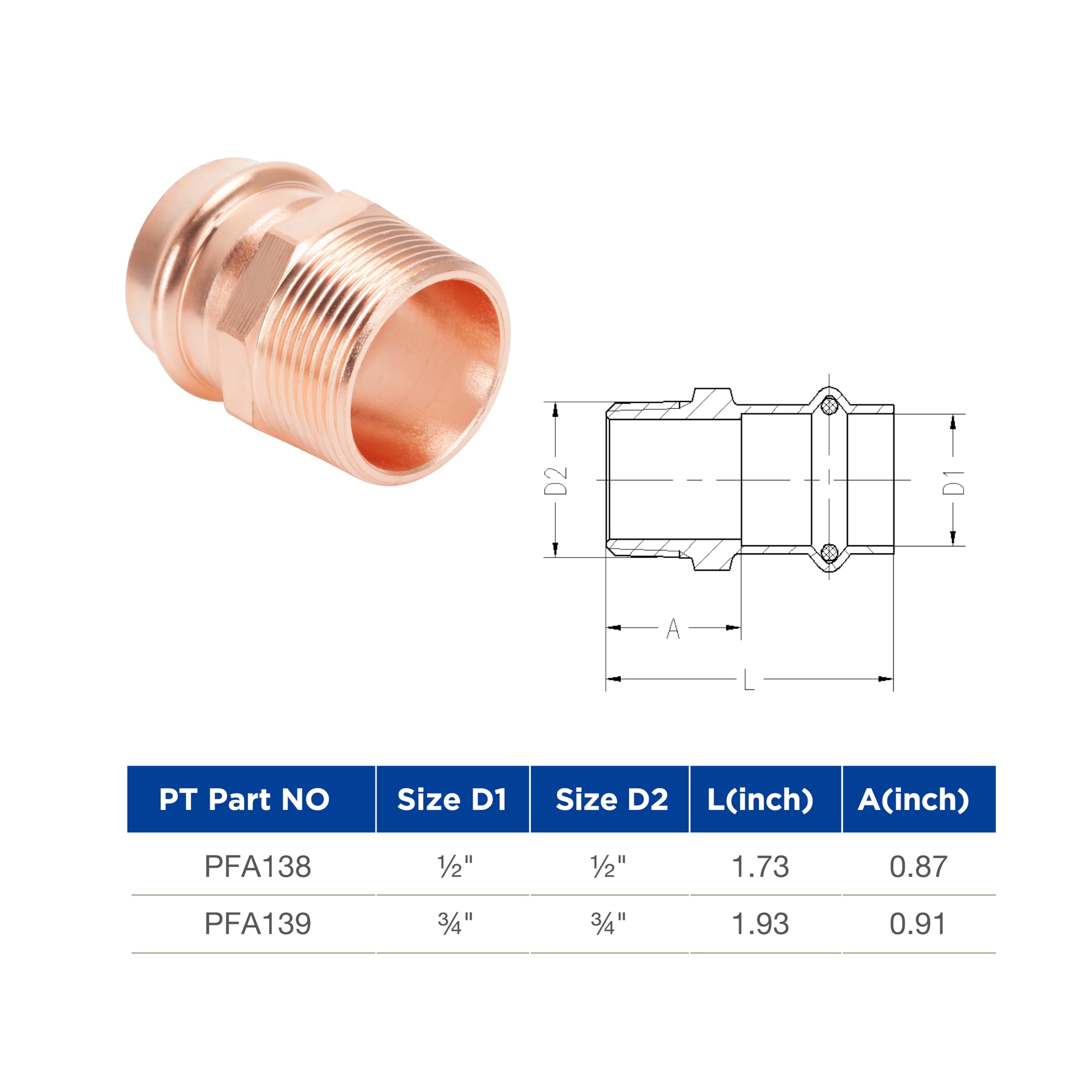 Propress Fittings - Adaptador macho de 3/4 pulgadas a presión de cobre P x macho NPT conexión para residencial, comercial, paquete de 10