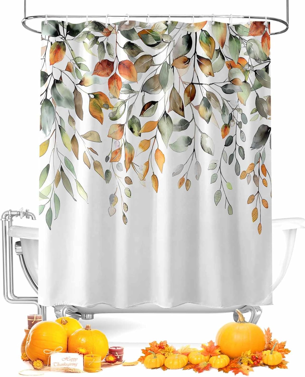 Fabric Shower Curtain for Bathroom Autumn Eucalyptus Leaves Fall Thanksgiving Orange Sage Green 72 x 72 Inches Bathroom Curtain Waterproof Curtains Machine Washable