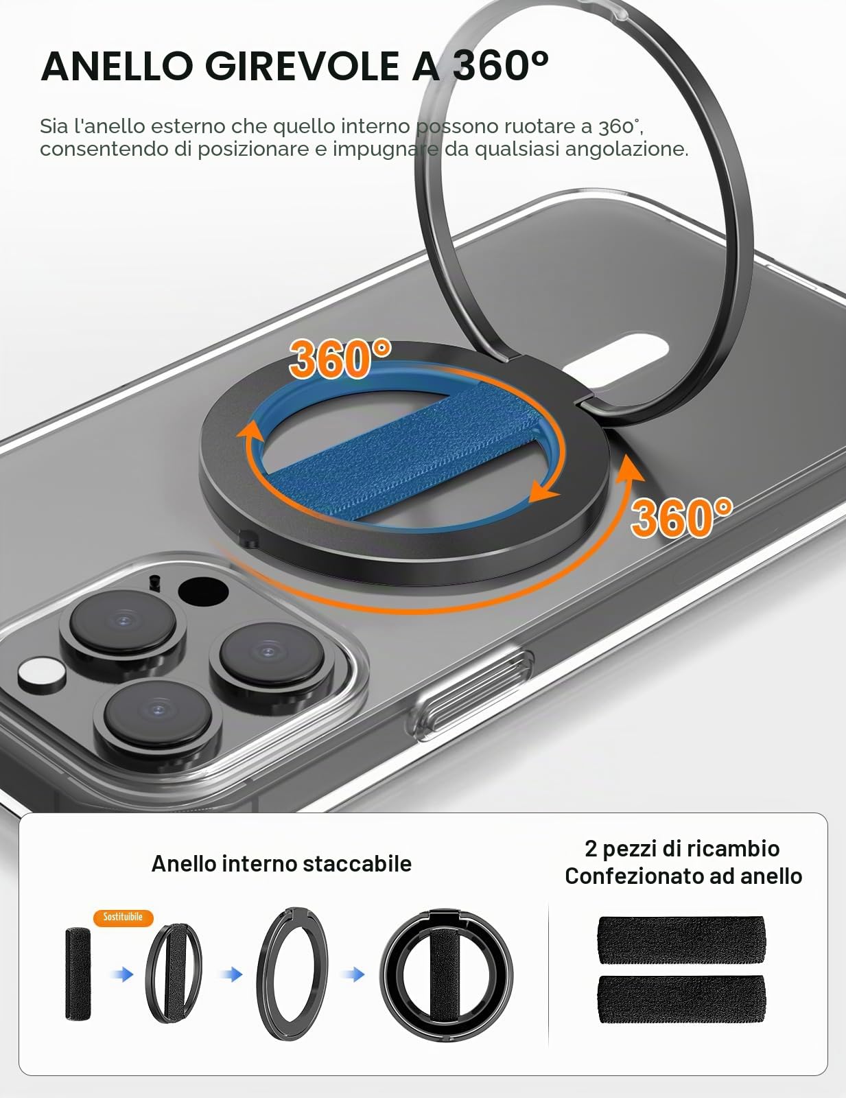 EWA MagOne Ultra Impugnatura per cellulare con cinturino da dito elastico sostituibile, supporto ad anello rimovibile, magnetico su entrambi i lati, per iPhone 15, 14, 13, 12 - Nero