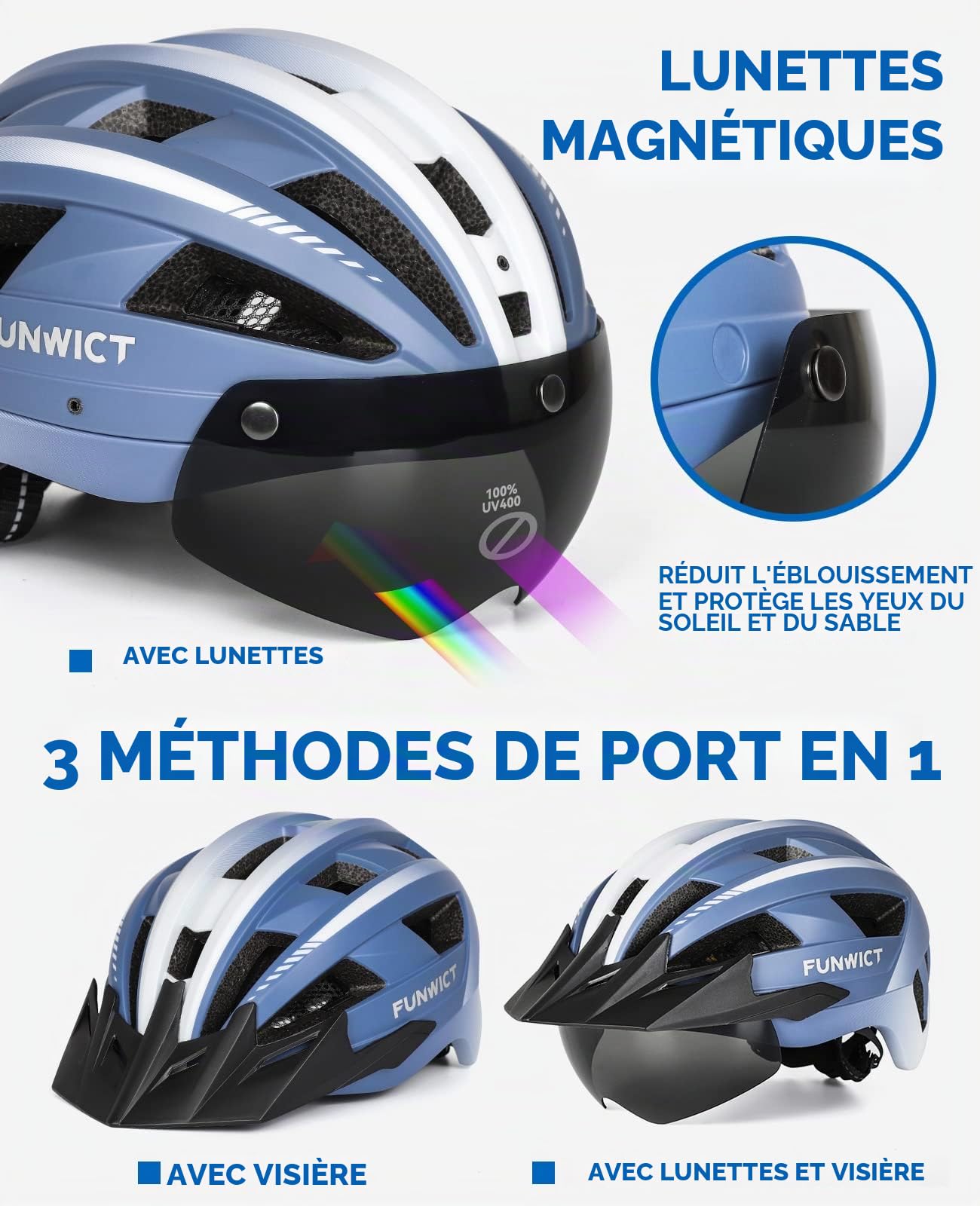 Casque Velo Homme Femme avec Visiere et Lunettes Détachables, Casque Vélo Casques VTT avec Feu Arrière à LED Rechargeable, Casque Cyclisme pour Adulte et Adolescent (M: 54-58 cm, Bleu)