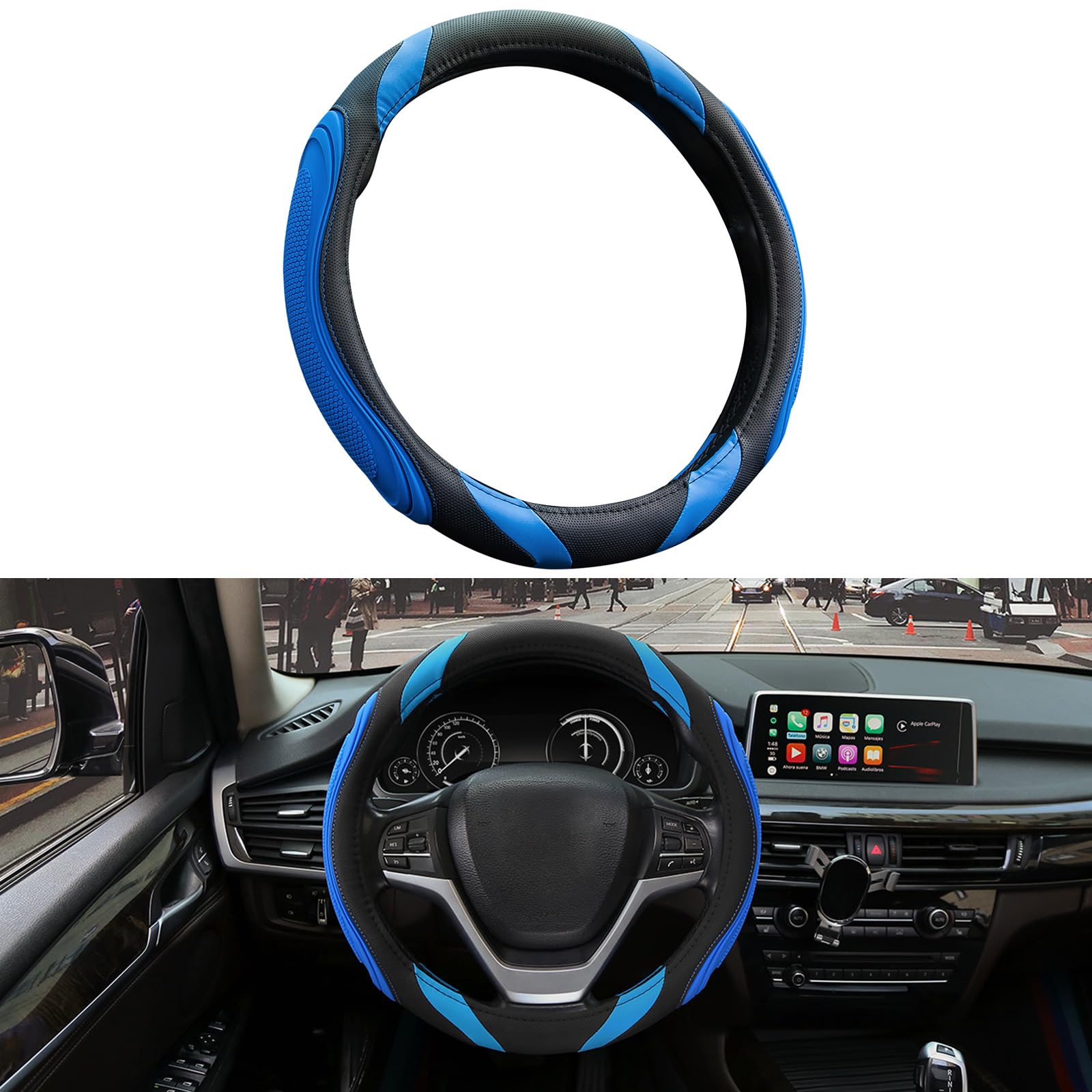 Blue Steering Wheel Cover - Universal 14.5-15 Inches Car Steering Wheel Covers Grip Auto Internal Decoration Accessories Cool Microfiber Leather Wrap for Man and Woman