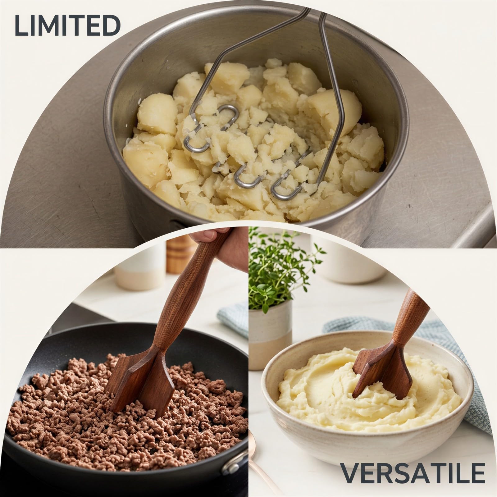 Kartoffelstampfer aus Holz, ergonomisches Küchenutensil aus Naturholz, Mehrzweck-Lebensmittelmixer und Zerkleinerer für Rinderhackfleisch und Kartoffelbrei, langlebiger V-förmiger Kopf