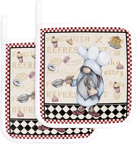 Kitchen Chef - Soporte para ollas de gnomo para cocina, retro, a cuadros, color rojo y blanco, soporte para ollas de postre con bucle de