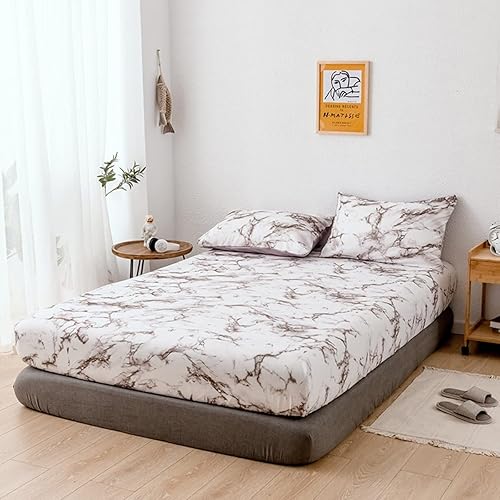 Miniatura 2 de Juego de sábanas de mármol marrón, tamaño Queen, 3 piezas, sábana bajera ajustable suave con bolsillo profundo y 2 fundas de almohada