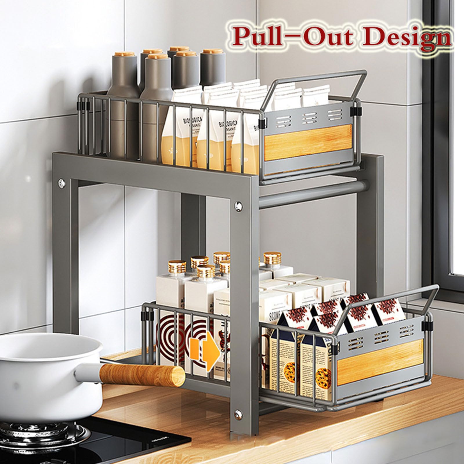 Organizador Bajo Fregadero,Organizador Bajo Fregadero Deslizable,Encimera Organizador Multiuso,Estante de Armario de Cocina o Baño de 2 Niveles,para Especias,Condimentos,Jabones,Frascos