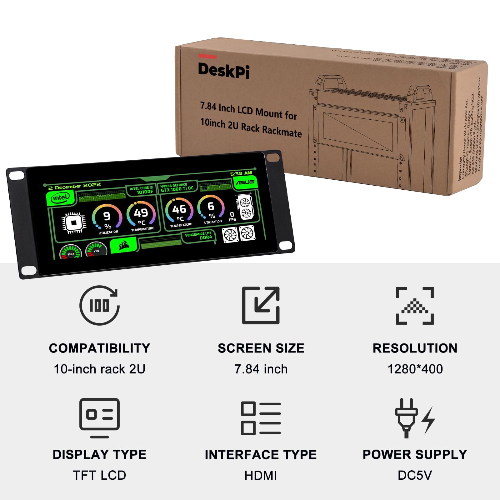 GeeekPi 7.84 calowy 1280 x 400 Pojemnościowy ekran dotykowy LCD Monitor do montażu na regał DeskPi RackMate T0/T1/T2 Szafka serwerowa