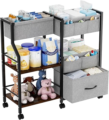 Organizador y almacenamiento de pañales para bebé, carrito con ruedas giratorias de 3 niveles con separadores y estantes, carrito de utilidad de