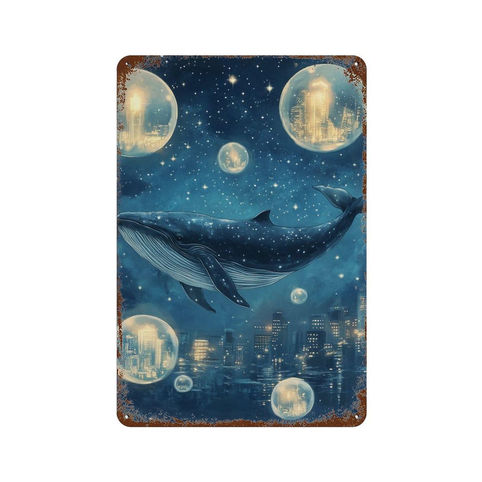 Whale Dreams in City Lights Weathered Tin Sign 11.8"x7.9", Rustic Home Decor for Garage, Bar And Workshop Decor