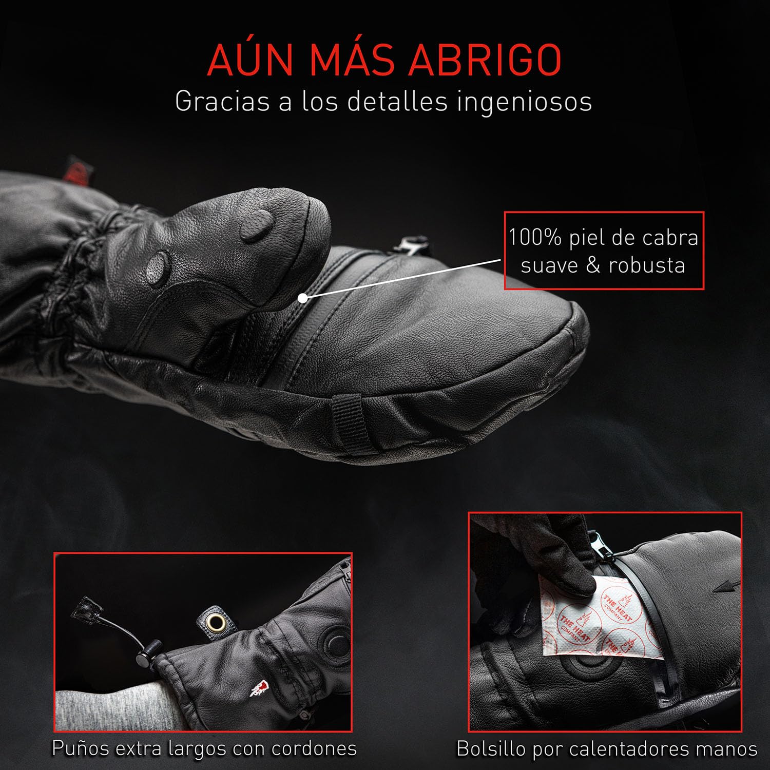 THE HEAT COMPANY Shell Full Leather Manoplas: guantes cuero desplegables - innovación del guantes - guantes esqui extra cálidos - guante termico invierno: hombre & mujer - sin guante interior - unisex