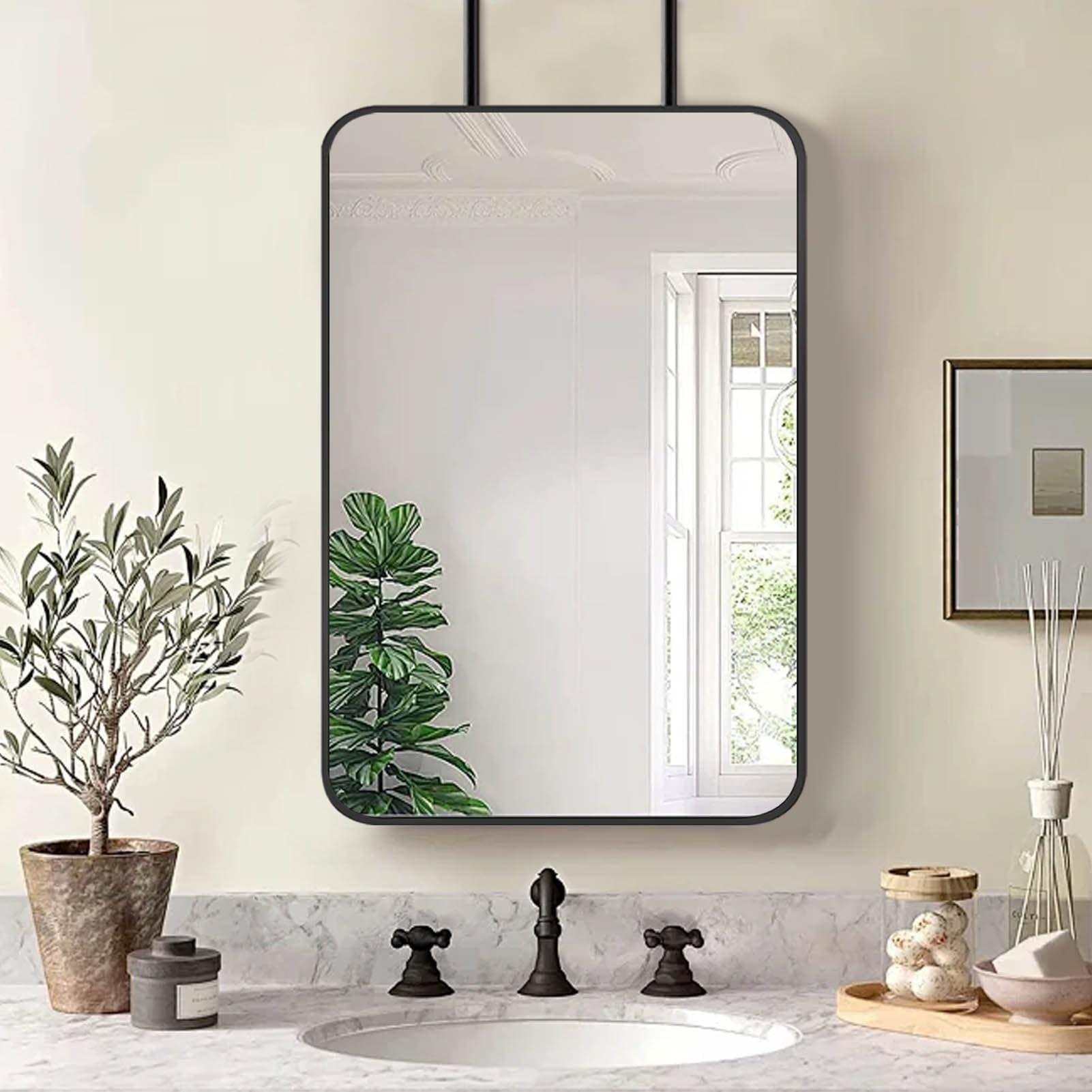 SXFSDOU Rectangle Black Bathroom Wall Mirror with Metal Frame Mounted Entryway Bedroom Mirrors, Hanging Pole Mirror(50cmx70cm)