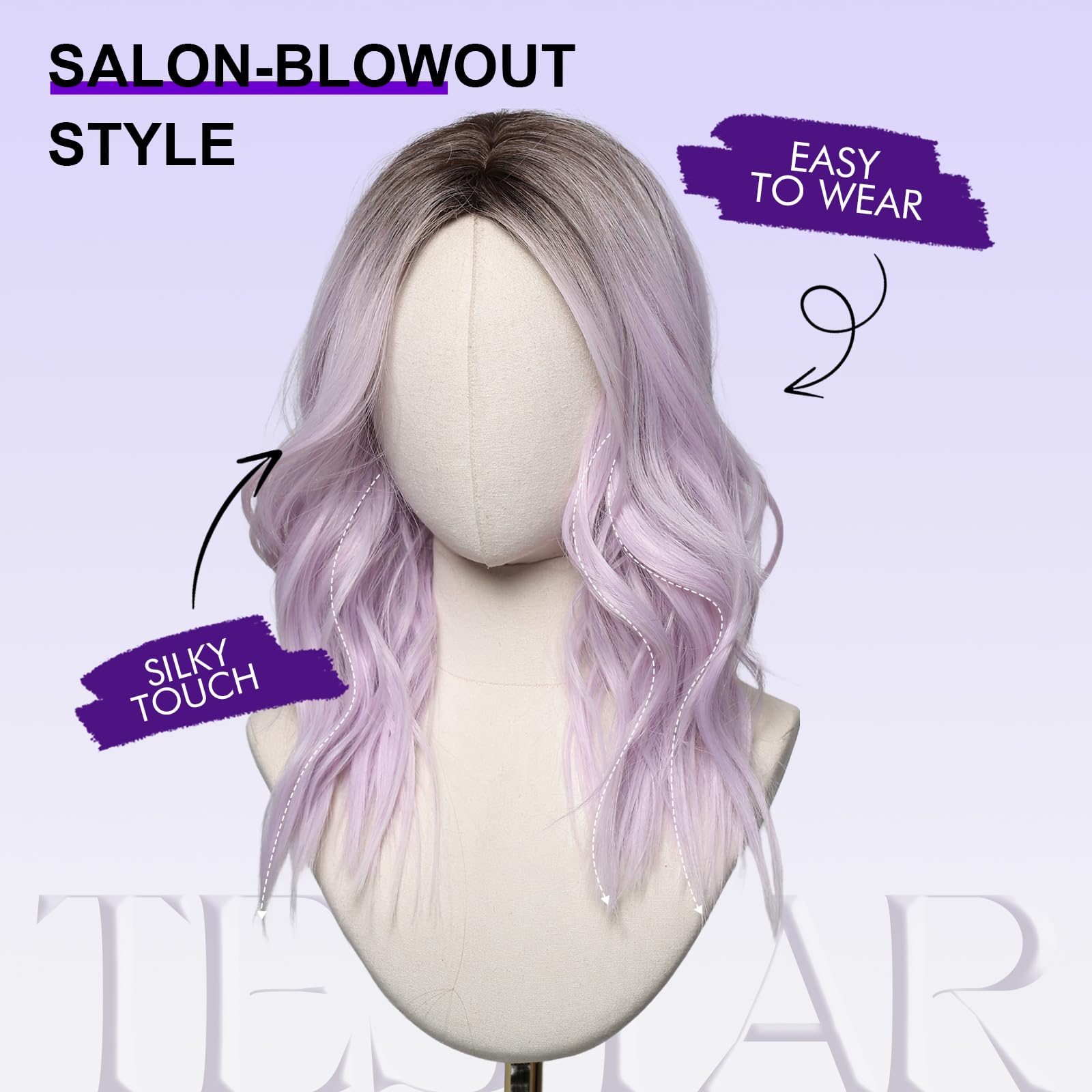 testar Purple Wig Medium Length Lavender Wigs for White Women 20 Inch Short Middle Part Bob Wig Heat Resistant Synthetic Wavy Curly Wigs for Girls Daily Party/Christmas Use - Image 4