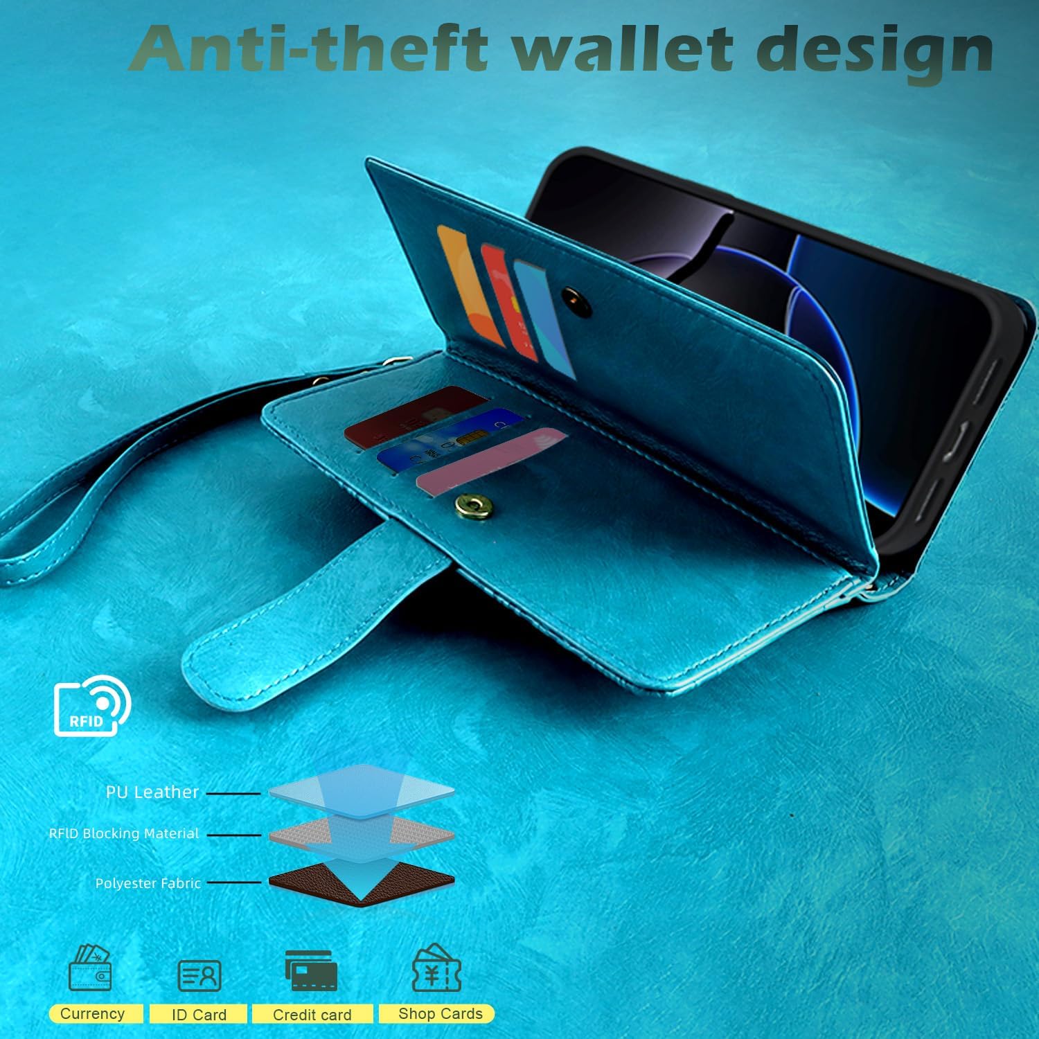 Harryshell for iPhone 16 6.1" Detachable Magnetic Case Wallet,Compatible with Magsafe Wireless Charging, [ RFID Blocking ] Card Slots, Cash Zipper Pocket Wrist Strap (Floral Blue Green)