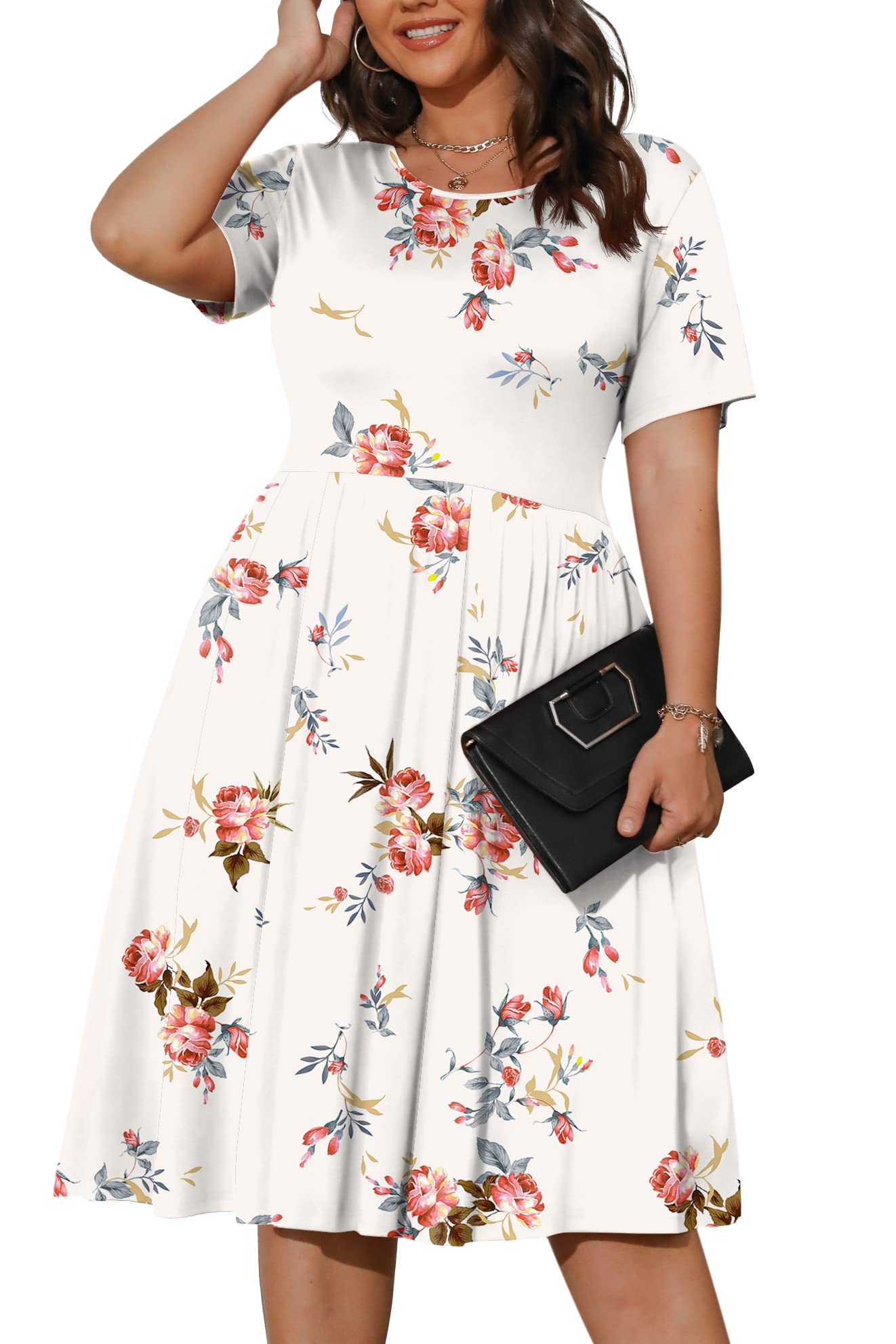 POSESHE Womens Plus Size Summer Dress 2026 Casual Short Sleeve Empire Waist Loose Fit Swing T-Shirt Dress with Pockets