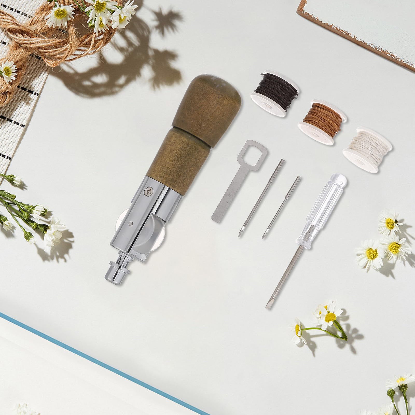 Healeved Kit Punteruolo per Cucire in Pelle con Manico in Legno e Filo Cerato, Utensile Professionale per Riparazioni e Artigianato, per Studi e Uso Domestico