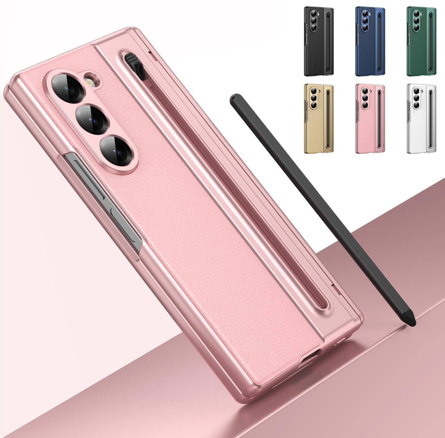 Custodia per Galaxy Z Fold 5 con penna stilo e slot per penna, cover protettiva con cerniera, protezione per lo schermo integrata, custodia in pelle per Samsung Galaxy Z Fold5-Rosa