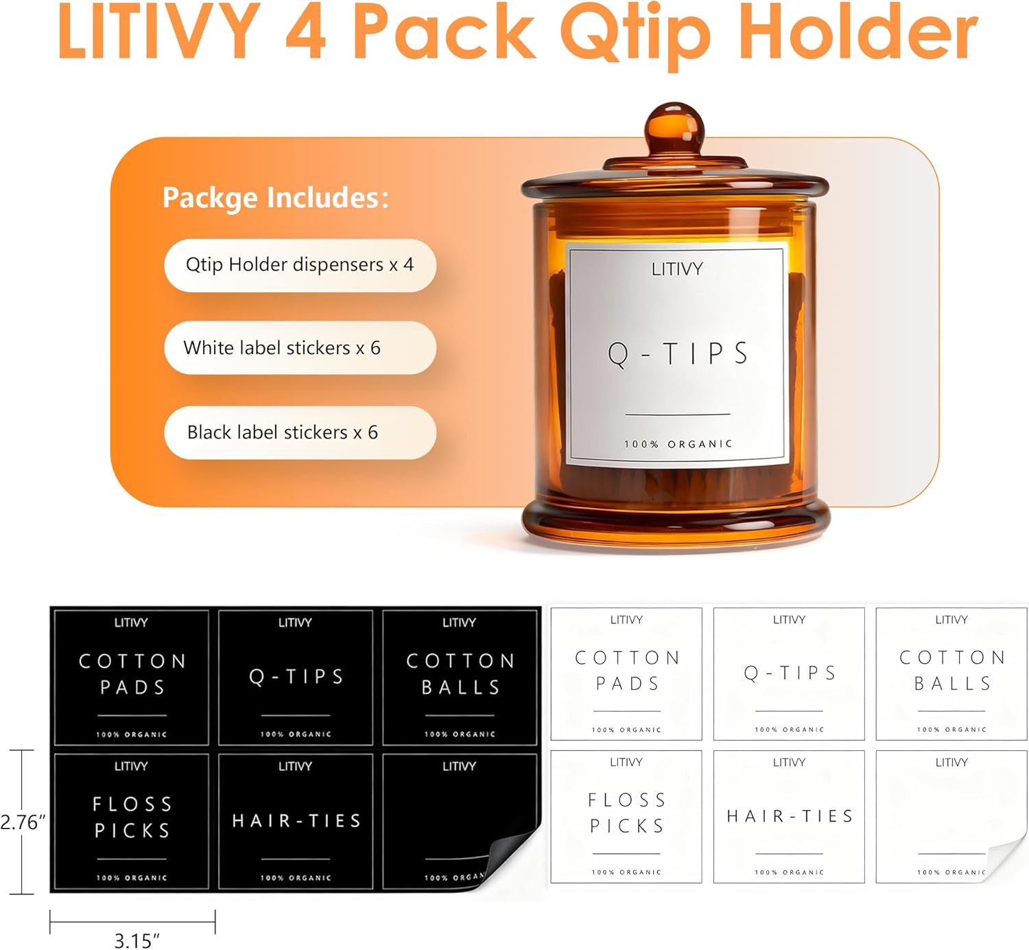 4 Pack Bathroom Organizers and Storage - 16 Oz Glass Qtip Holder & Cotton Pad Dispenser with Lid, Apothecary Jars for Home, Room Decor, Kitchen Organizer (Amber) - Image 5