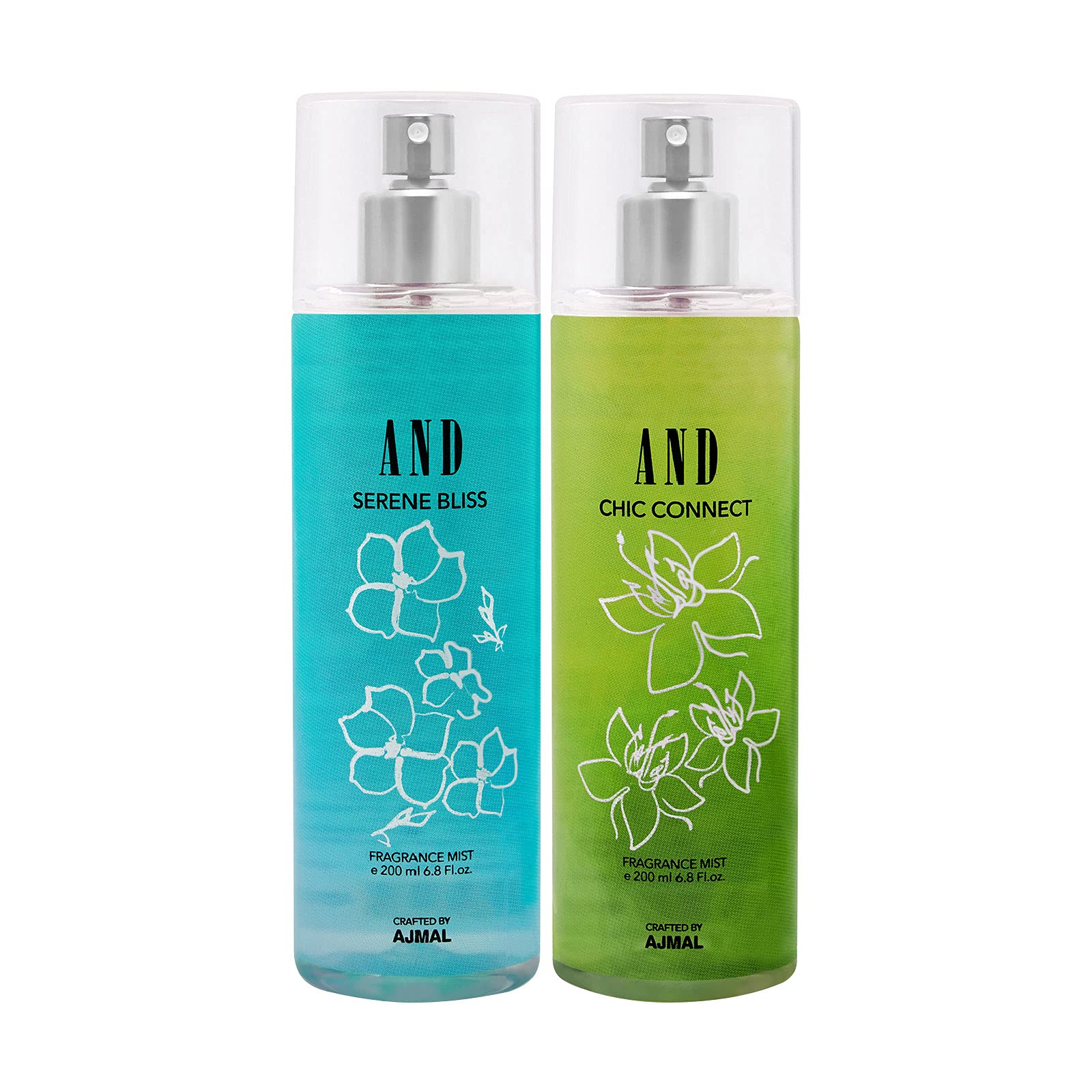 AND Serene Bliss & Chic Connect Pack of 2 Body Mist 200ML each Long Lasting Scent Spray Gift For Women Perfume Crafted by Ajmal