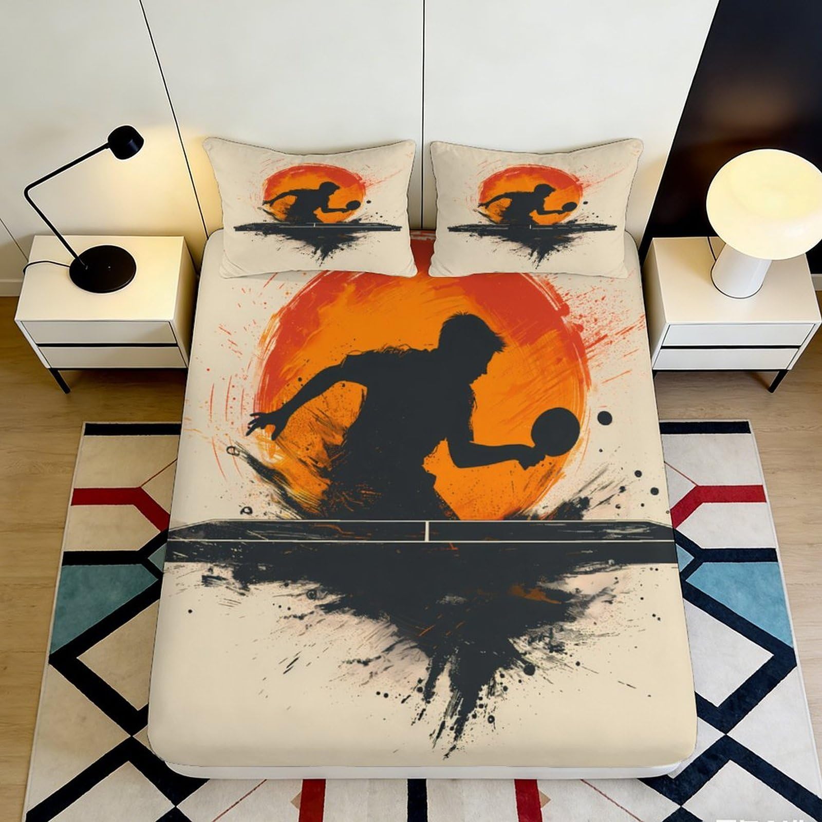 3D Printed Table Tennis Player Fitted Sheet Microfiber Soft Breathable Ping Pong Silhouette Mattress Cover for Bedroom Dormitory Guest Room Decor Protection 200x200x25cm