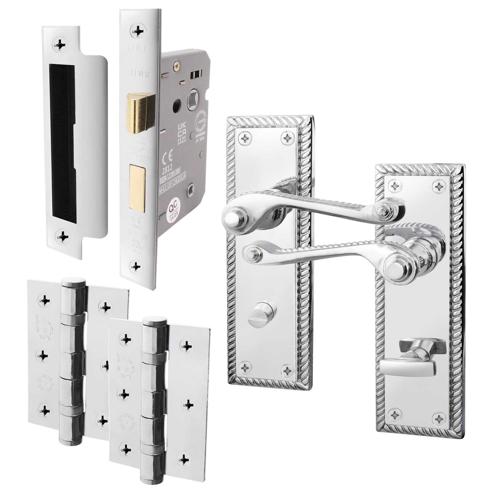 Eai Polished Chrome Georgian Scroll Bathroom Door Handle Set - 1 Pair Internal Lever Handles, Hinges & Lock (64Mm) - Rope Design