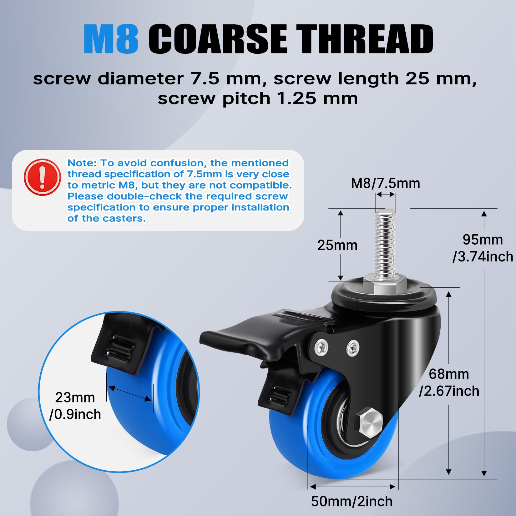 Ruedas para Muebles Pesados 50mm con Vástago Roscado M8 x 1,25x 25mm, Giratorias Carga 270KG, 360° Pivotantes con Freno, Juego de 4