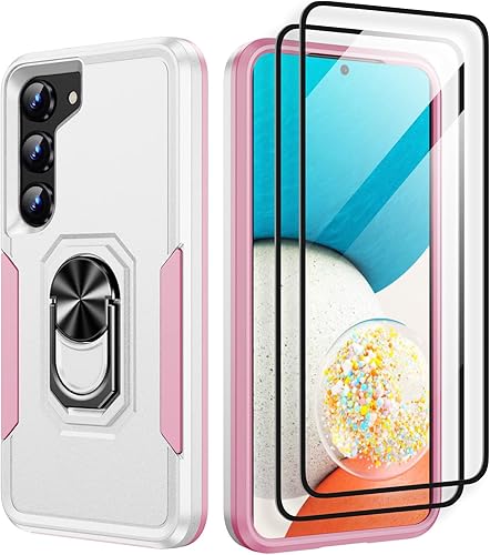 Funda para Samsung Galaxy S23 con 2 protectores de pantalla, grado militar, doble capa a prueba de golpes, resistente, soporte de anillo magnético