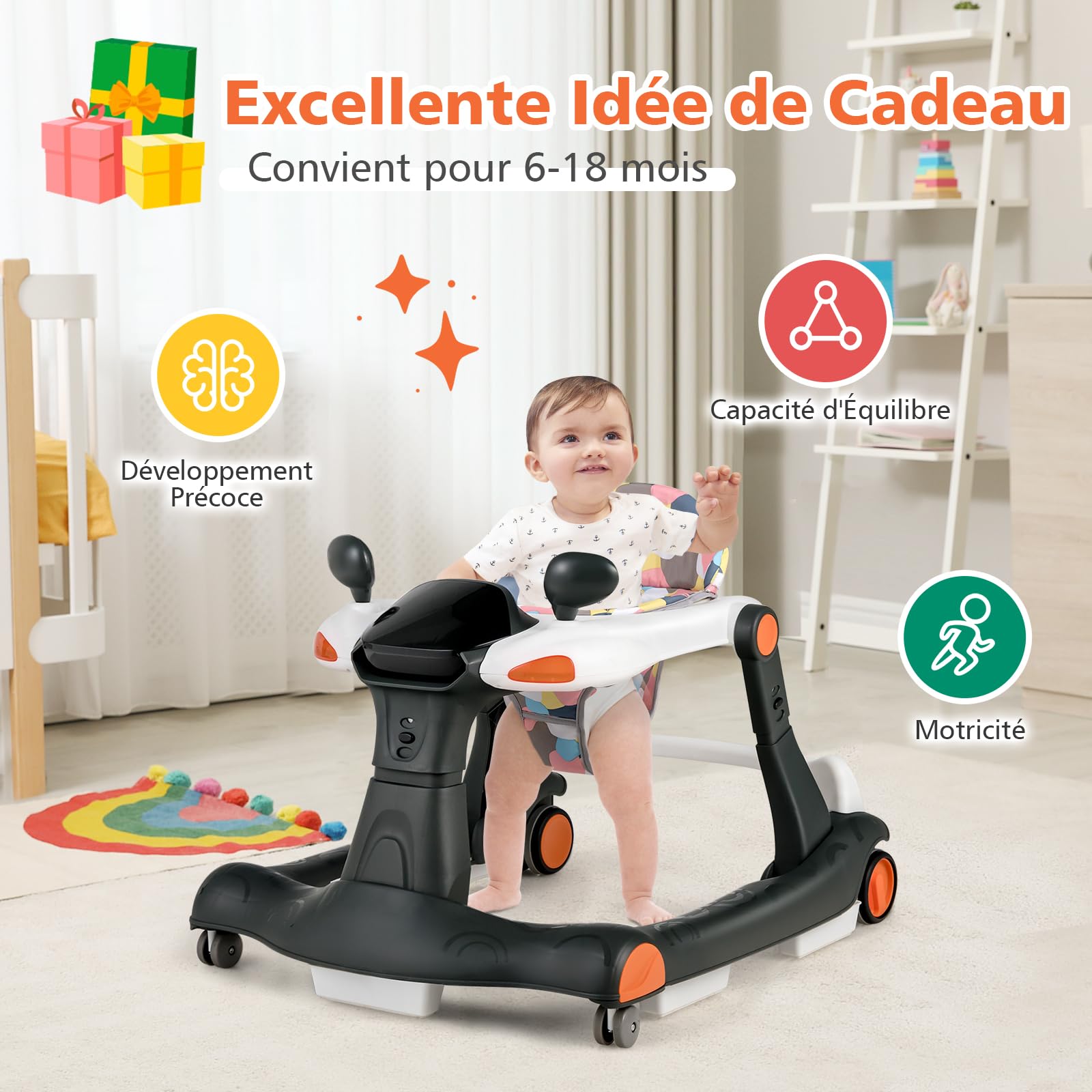 GOPLUS Trotteur Bébé Fille Garçon 6-18 Mois, Trotteur Marche Bébé Evolutif 2 en 1, Pousseur Pliable avec Lumière et Musique, Hauteur Réglable en 3 Positions, Coussin Amovible, Charge15KG (Noir)