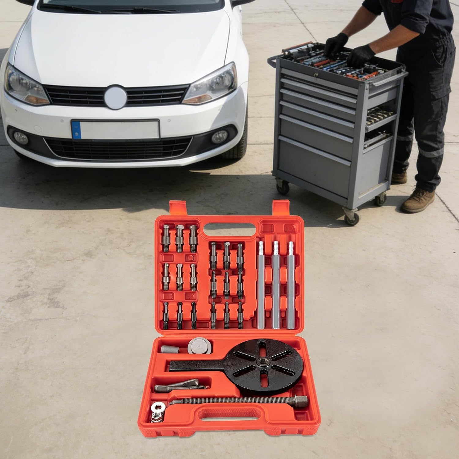 Kit Multifuncional para extraer rodamientos con Martillo Deslizante y Extractor de Orificios internos, 3 mordazas Curvas y 18 extractores para rodamientos Ajustados.