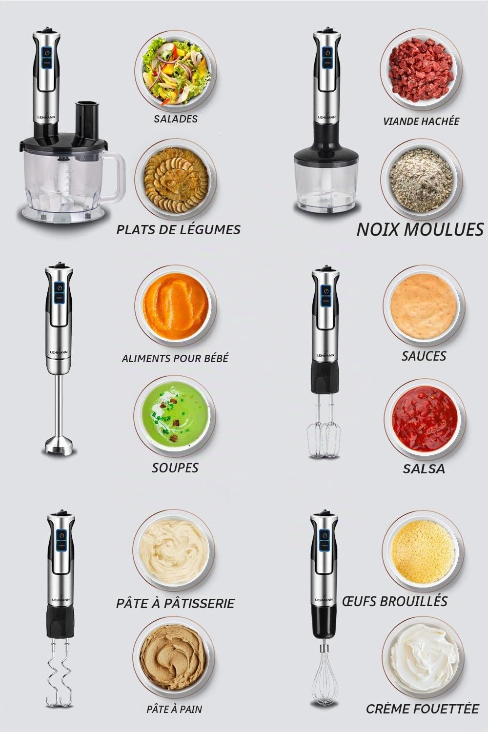 Lehmann Chopsui Mixeur plongeant 1200 W, Mixeur Plongeur avec 8 niveaux de vitesse, Mixeur blender pour Aliments pour Bebe, Soupe, Sauce et Purée, 9 Accessoires du mixer inclus
